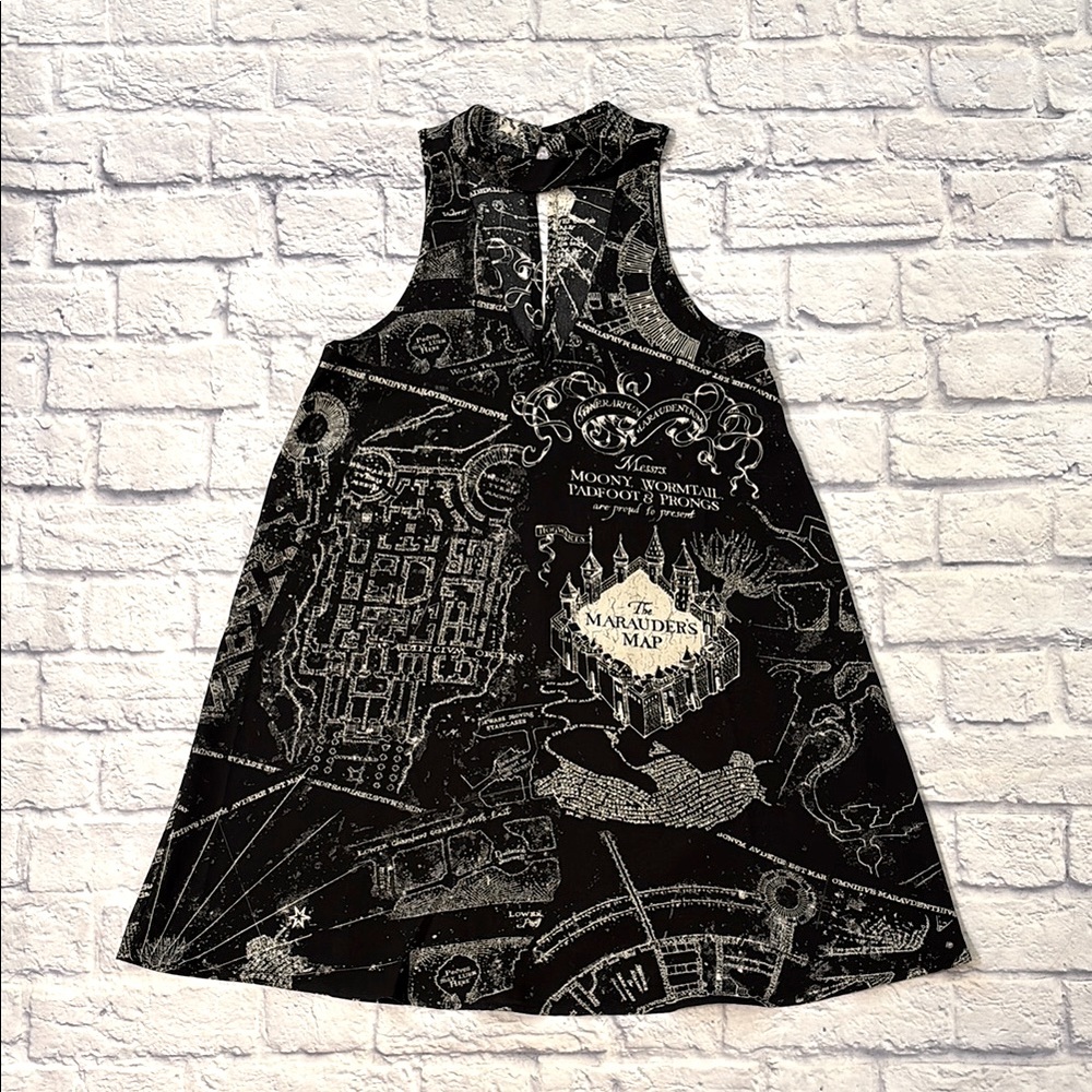 Harry Potter Sleeveless Swing Dress Marauder’s Map Black Collar Dress Size Small